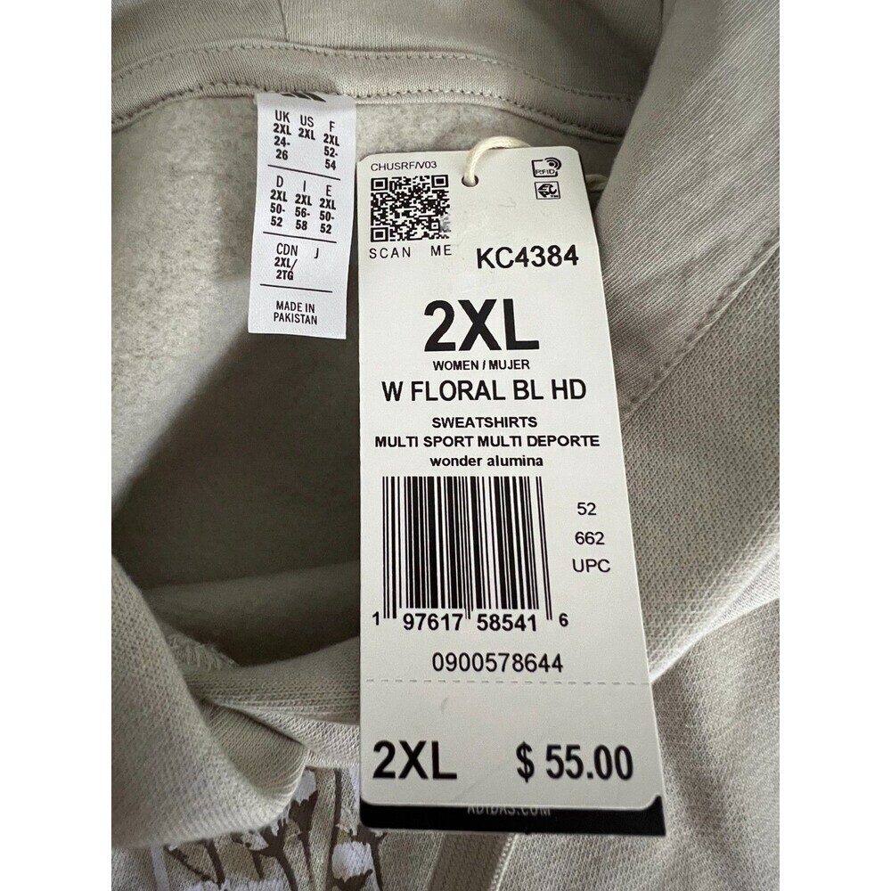 Adidas Floral Logo Hoodie 2XL Light Beige Fleece Pullover NWT - Picture 6 of 8